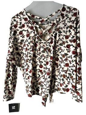 IZBYER Girls Floral Ribbed Tie Front Henley Tank Top Tunic Long Sleeved Size  S